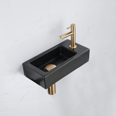 QeramiQ Fuente pack lave-mains – 37,5 x 18,5 x 9 cm – céramique noir mat – perçage à droite – robinet doré brossé