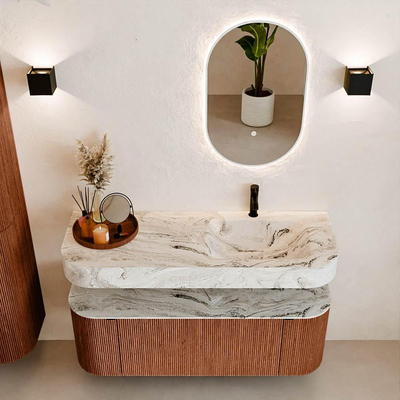 MONDIAZ THOR-DLUX 130cm badmeubel ronding links + rechts kleur Ruby met 1 lade en 2 deuren. Vrijhangende wastafel CLOUD Rechts 1 kraangat kleur Glace.