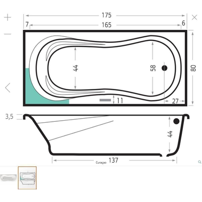 Xenz Curaçao ligbad - 175x80cm - met overloop - zonder afvoer - Acryl Wit