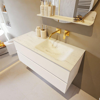 Mondiaz VICA-DLUX ensemble de meuble de salle de bain - 110cm - meuble sous-vasque talc - 2 tiroirs - lavabo encastré cloud droite - sans trous de robinet - version haute de 60cm - opalo