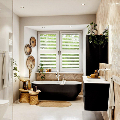 MONDIAZ VICA 120cm meuble de salle de bains caisson bas Urban 2 tiroirs. Lavabo MOON à droite 1 trou de robinet, couleur Talc.