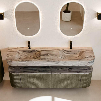 MONDIAZ THOR-DLUX Meuble de salle de bains 170cm arrondi gauche + droite couleur Shadow avec 1 tiroir et 2 portes. Vasque suspendue CLOUD Double 2 trous de robinet couleur Sombra.