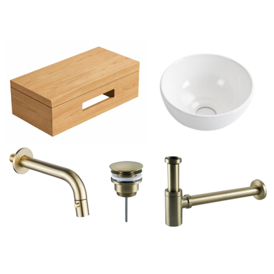 Royal Plaza Terra pack lave-mains – 40 x 25 x 10 cm – bois blanc brillant – robinet doré brossé – avec porte-serviette