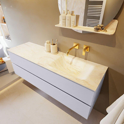 Mondiaz VICA-DLUX ensemble de meuble de salle de bain - 150cm - meuble sous-vasque cale - 2 tiroirs - lavabo encastré cloud droite - sans trous de robinet - version haute de 60cm - ostra