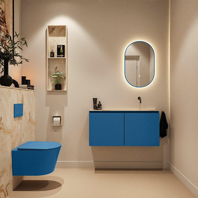 MONDIAZ TURE-DLUX Meuble toilette - 100cm - Jeans - EDEN - vasque Frappe - position droite - sans trou de robinet