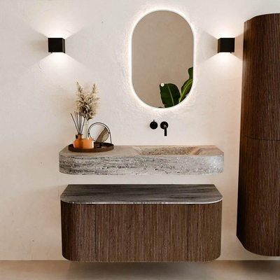 MONDIAZ THOR-DLUX 110cm badmeubel ronding links + rechts kleur Walnut met 1 lade en 2 deuren. Vrijhangende wastafel CLOUD Rechts zonder kraangat kleur Oza.