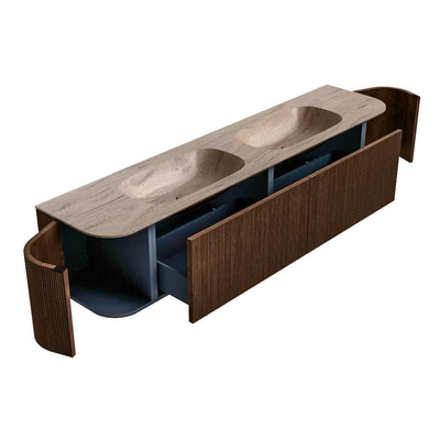 MONDIAZ KURVE-DLUX 200cm badmeubel ronding Links + Rechts kleur Walnut met 2 lades en 2 deuren. Wastafel STOR SMALL Dubbel zonder kraangat Saba.