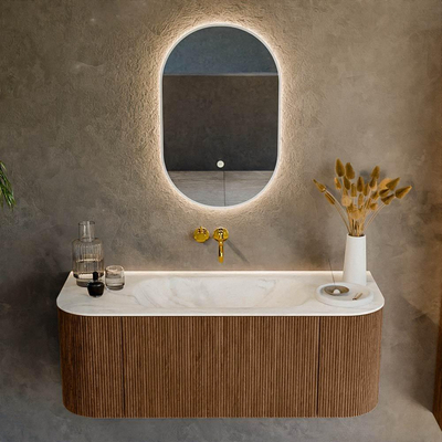 MONDIAZ KURVE-DLUX 120cm Meuble salle de bain avec module 25 G et D - couleur Walnut - 1 tiroir - 2 portes - vasque BIG SMALL centre - sans trou de robinet - couleur Ostra