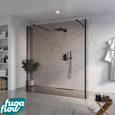 FugaFlow Eccelente Vetro Vrijstaande inloopdouche badkamer - 180x200cm - Rookglas - antikalk - 8mm veiligheidsglas - 2 zijwanden 30cm - met wandarmen en hoekprofielen - Zwart mat -