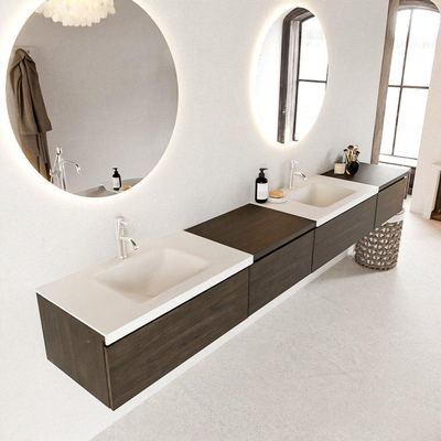 Mondiaz BUKLA badkamermeubelset 280x45x34cm 2 kraangaten 2 wasbakken solid surface Talc greeploos 4 lades met softclose Melamine Dark brown