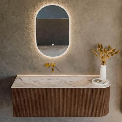 MONDIAZ KURVE-DLUX Meuble de salle de bains 125cm arrondi à droite couleur Walnut avec 1 tiroir et 1 porte. Lavabo BIG MEDIUM à gauche sans trou de robinet Nata.