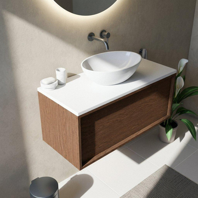 Saniclass Holz Frame Ensemble meuble de salle de bains - 100x45x42.5cm - plan de toilette Torino en solid surface blanc - sans trou de robinet - 1 tiroir - walnut pure mat (bois)