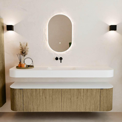 MONDIAZ THOR Meuble de salle de bains 180cm arrondi gauche + droite couleur Dusk avec 2 tiroirs et 2 portes. Vasque suspendue CLOUD Milieu sans trou de robinet couleur Talc.