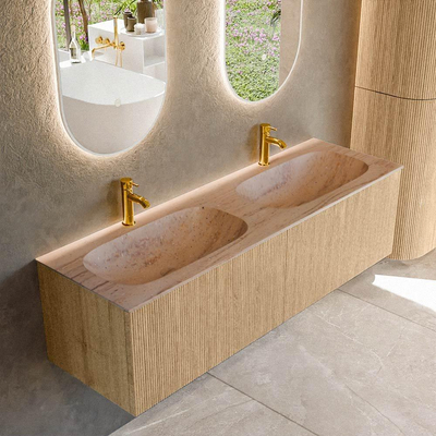 MONDIAZ KURVE-DLUX Meuble de salle de bains 150 cm couleur Oak avec 2 tiroirs et 0 porte. Lavabo STOR SMALL Double 2 trous de robinet Saba.