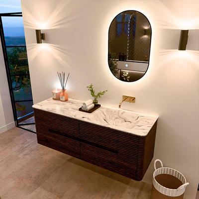 Mondiaz CIRO-DLUX Badkamermeubelset - 140x45x50cm - Solid surface wastafel Glace - 1 wasbak Rechts - zonder kraangaten - 4 lades - Walnut