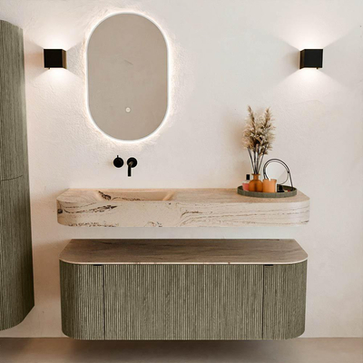 MONDIAZ THOR-DLUX 130cm meuble de salle de bains arrondi gauche + droite couleur Shadow avec 1 tiroir et 2 portes. Vasque suspendue CLOUD gauche sans trou de robinet couleur Arena.