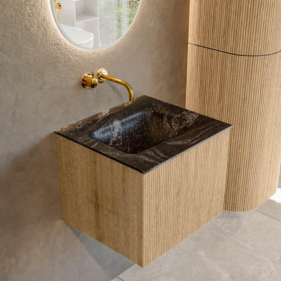 MONDIAZ KURVE-DLUX 50cm badmeubel kleur Oak met 1 lade. Wastafel GRUNNE midden zonder kraangat kleur Lava.