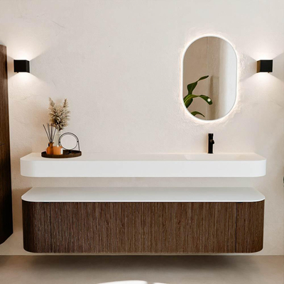 MONDIAZ THOR Meuble de salle de bains 190cm arrondi gauche + droite couleur Walnut avec 2 tiroirs et 2 portes. Vasque suspendue CLOUD Droite 1 trou de robinet couleur Talc.