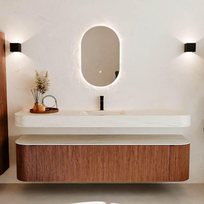 MONDIAZ THOR-DLUX Meuble de salle de bains - 190cm - arrondi gauche + droite - couleur Ruby - 2 tiroirs - 2 portes - Vasque suspendue CLOUD Milieu 1 trou de robinet - couleur Meli