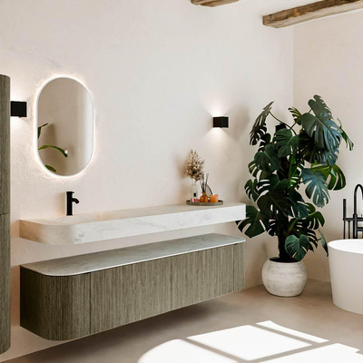 MONDIAZ THOR-DLUX 190cm meuble de salle de bains arrondi gauche + droite couleur Shadow avec 2 tiroirs et 2 portes. Vasque suspendue CLOUD Gauche 1 trou de robinet couleur Opalo.