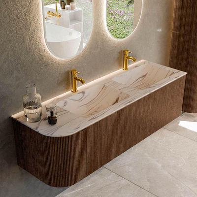 MONDIAZ KURVE-DLUX meuble de salle de bains 145cm arrondi à gauche couleur Walnut avec 1 tiroir et 1 porte. Lavabo LEAF Double / À droite 2 trous de robinet Nata.