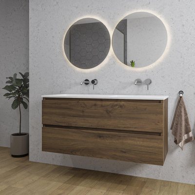 Saniclass Chaci Meuble de salle de bain - 120x45x55cm - lavabo en céramique brillant blanc - 2 vasques - sans trou de robinet - 2 tiroirs - noyer