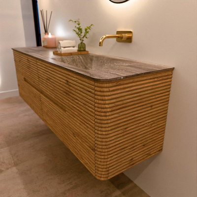 Mondiaz CIRO-DLUX Badkamermeubelset - 160x45x50cm - Solid surface wastafel Oza - 1 wasbak Rechts - zonder kraangaten - 4 lades - Oak