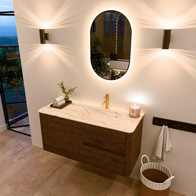 Mondiaz CIRO-DLUX Badkamermeubelset - 110x45x50cm - Solid surface wastafel Nata - 1 wasbak Rechts - 1 kraangat - 2 lades - Dusk