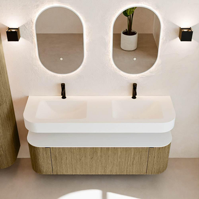 MONDIAZ THOR 150cm meuble de salle de bains arrondi gauche + droite couleur Dusk avec 1 tiroir et 2 portes. Vasque suspendue CLOUD Double 2 trous de robinet couleur Talc.