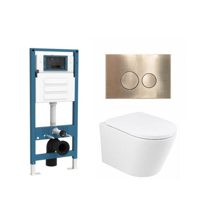 QeramiQ Dely Ensemble de toilette - réservoir encastré Qeramiq Flush - abattant 35mm - plaque de commande en métal laiton brossé - boutons ronds - blanc mat