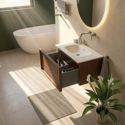 Saniclass Holz Frame Ensemble de meubles de salle de bains - 80x45x41.5cm - Flow lavabo en solid surface blanc - 1 vasque - sans trou de robinetterie - 1 tiroir - walnut pure mat (bois)