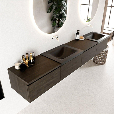 MONDIAZ BUKLA Meuble de salle de bains 240cm avec module 60 gauche couleur Dark Brown avec 4 tiroirs. Lavabo CLOUD double 0 trous de robinet couleur Urban.