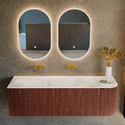 Mondiaz KURVE-DLUX Ensemble de meuble de salle de bains - 145x46x40cm - 1 tiroir - 1 porte - lavabo solid surface - gauche - sans trou de robinet - Ruby