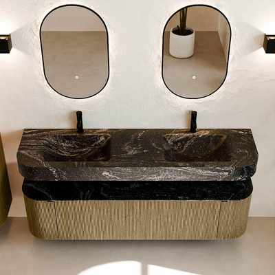 MONDIAZ THOR-DLUX 170cm meuble de salle de bains arrondi gauche + droite couleur Dusk avec 1 tiroir et 2 portes. Vasque suspendue CLOUD Double 2 trous de robinet couleur Lava.