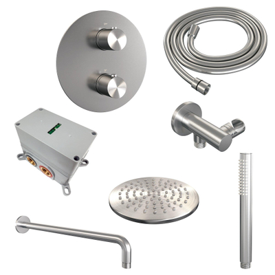 BRAUER Édition Brossée douche à l'italienne thermostatique encastrée - 3 voies - rond - ensemble 75 - douche principale de 20 cm - bras mural courbé - douchette à main - flexible de douche - coude mural - inox brossé PVD