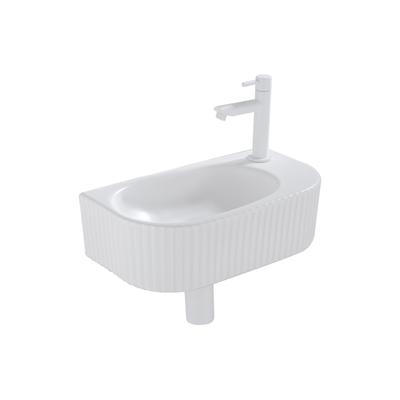 QeramiQ Fuente Ensemble de Lavabo - 40x21.5x12cm - droite - strié - demi-rond - 1 trou de robinet - céramique - ensemble de robinet blanc mat - bouchon de vidange - siphon réduit - blanc brillant