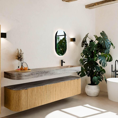 MONDIAZ THOR-DLUX 200cm meuble de salle de bains arrondi gauche + droite couleur Oak avec 2 tiroirs et 2 portes. Vasque suspendue CLOUD Droite 1 trou de robinet couleur Oza.