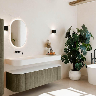 MONDIAZ THOR Meuble de salle de bains 160cm arrondi gauche + droite couleur Shadow avec 1 tiroir et 2 portes. Vasque suspendue CLOUD Gauche sans trou de robinet couleur Talc.