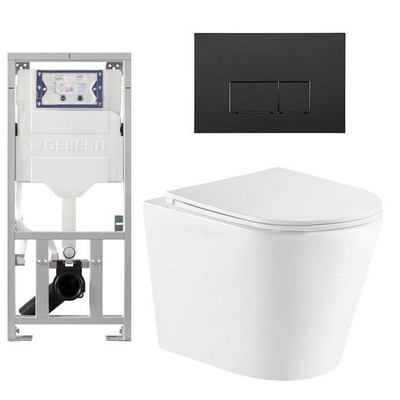 QeramiQ Dely Pack WC cuvette sans bride 36.3x51.7cm avec bâti-support Geberit UP320 abattant WC blanc mat frein de chute et plaque de commande noir mat boutons Rectangulaires