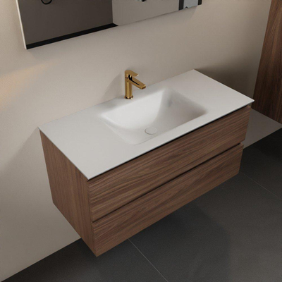 Mondiaz AIVY Ensemble de meuble - 100x45x50cm - 1 trou de robinet - 1 vasque talc Solid surface - Centre - 2 tiroirs - avec miroir - Melamine Mocha
