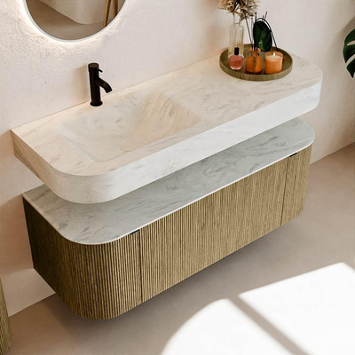 MONDIAZ THOR-DLUX 130cm meuble de salle de bains arrondi gauche + droite couleur Dusk avec 1 tiroir et 2 portes. Vasque suspendue CLOUD gauche 1 trou de robinet couleur Opalo.