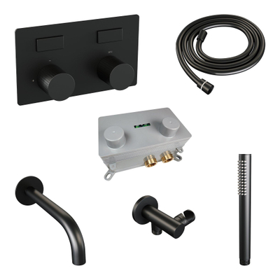 BRAUER Stripe Thermostatische Badkraan - drukknoppen - SET 03 - inbouw - uitloop - staaf handdouche - doucheslang - wandaansluitbocht - mat zwart