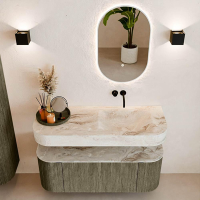 MONDIAZ THOR-DLUX 120cm meuble de salle de bains arrondi gauche + droite couleur Shadow avec 1 tiroir et 2 portes. Vasque suspendue CLOUD Droite sans trou de robinet couleur Frappe.