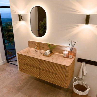 Mondiaz CIRO-DLUX Meuble de salle de bains - 130x45x50cm - Plan vasque solid surface Arena - 1 lavabo à gauche - 1 trou de robinet - 4 tiroirs - Chêne