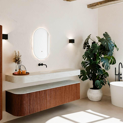 MONDIAZ THOR-DLUX 180cm meuble de salle de bains arrondi gauche + droite couleur Ruby avec 2 tiroirs et 2 portes. Vasque suspendue CLOUD Milieu sans trou de robinet couleur Opalo.