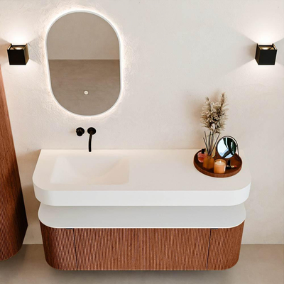 MONDIAZ THOR Meuble de salle de bains 140cm arrondi gauche + droite couleur Ruby avec 1 tiroir et 2 portes. Vasque suspendue CLOUD Gauche sans trou de robinet couleur Talc.