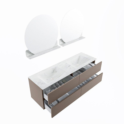 Mondiaz VICA-DLUX ensemble de meuble de salle de bain - 150cm - meuble sous-vasque fumée - 4 tiroirs - lavabo encastré nuage double - 2 trous de robinet - miroir modèle spot - version XL 60cm de haut - opalo