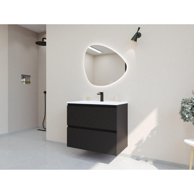 HR badmeubelen Infinity XXL 3D Ensemble de meuble de salle de bains - 80 cm - 1 lavabo en céramique fin blanc mat - 1 trou de robinet - 2 tiroirs - noir mat