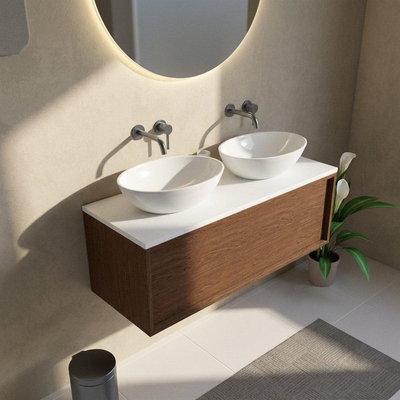 Saniclass Holz Frame Ensemble de meubles de salle de bains - 120x45x42.5cm - plan de toilette Torino en solid surface blanc - sans trou de robinetterie - 1 tiroir - noyer pur mat (bois)
