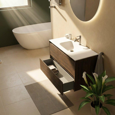 Saniclass Holz Pure Ensemble meuble de salle de bains - 100x45x61.5cm - Flow lavabo en solid surface blanc - 1 vasque - 1 trou de robinet - 2 tiroirs - chêne charcoal mat (bois)